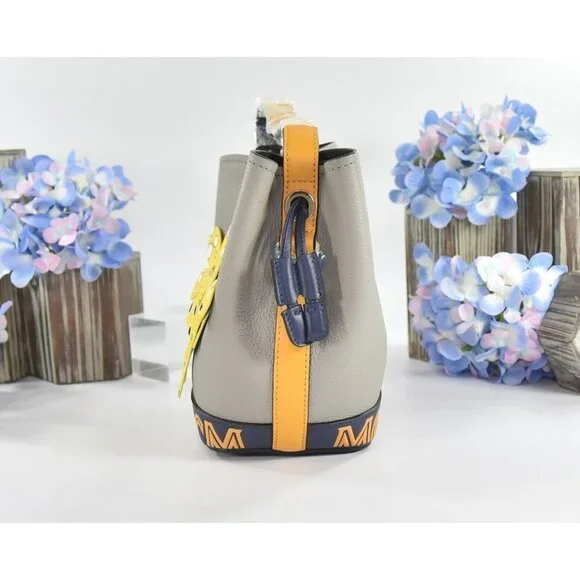 MCM Yellow Grey Goatskin Mini Upcycling Project Flower Milano Drawstring Bag NWT - Picture 5 of 8